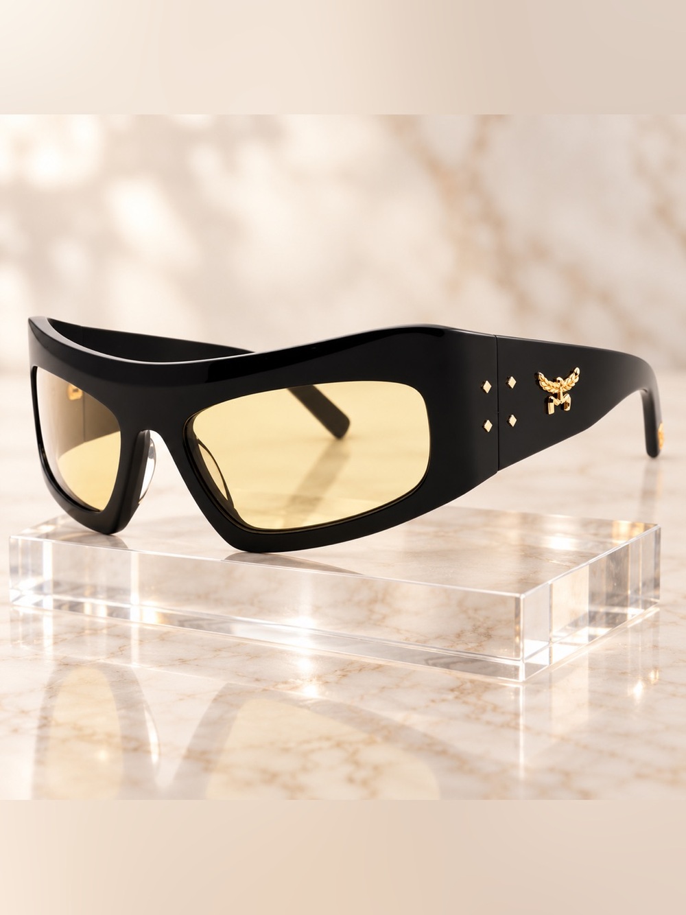 MCM Black & Gold Shield Sunglasses Yellow Tinted Lenses Statement Designer